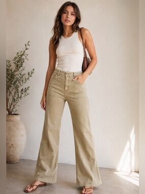 Pistola Lyla High Rise Wide Leg Bootcut Khaki Tan Chino Square Pocket Pants
